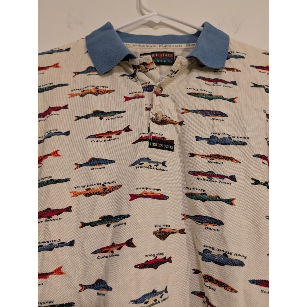 Vintage Higher State Polo Short Sleeve Shirt Mens XL Fishing Fish Salmon Cotton